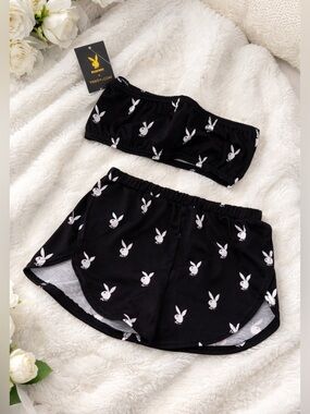 2pc PLAYBOY Black & White Bunny Logo Print Lounge Set- Deadstock